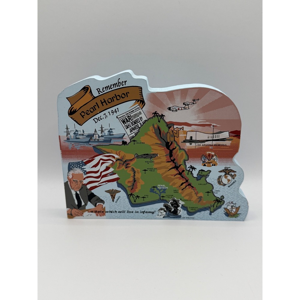 The Cats Meow Village Pearl Harbor 60th Anniversary Wood Shelf Sitter 2001 Oahu‎